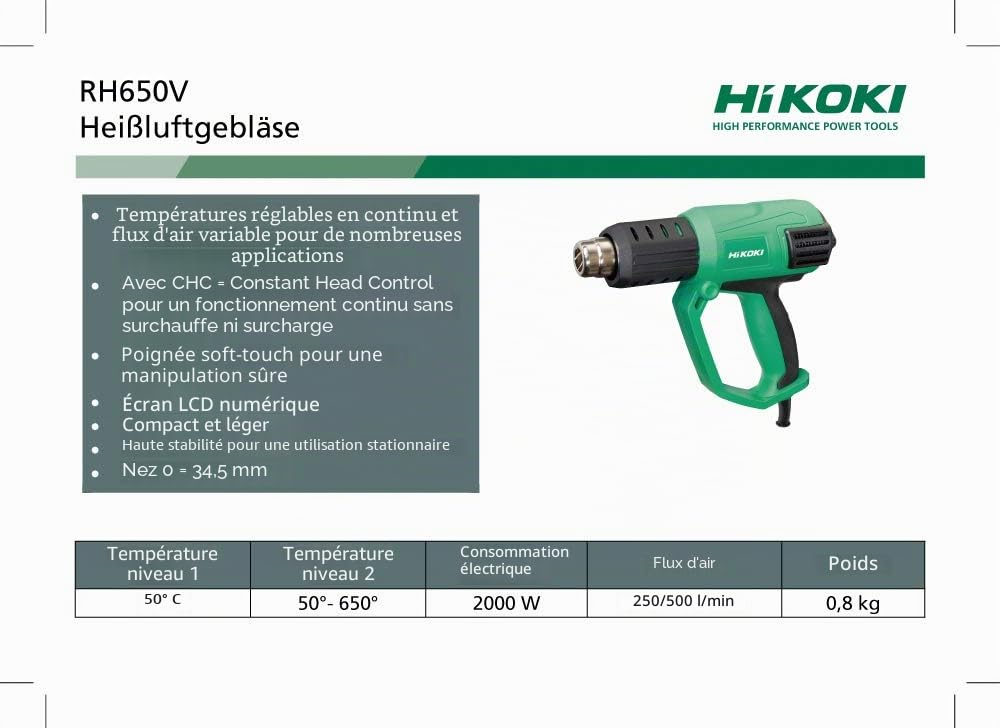 HiKOKI Pistolet à Air Chaud - 2000 W, 50-650° C - Réglage de Température Continu, Écran LCD, Protection Contre la Surchauffe, Poignée Ergonomique - Incl. Ensemble de Buses & Coffret en Plastique