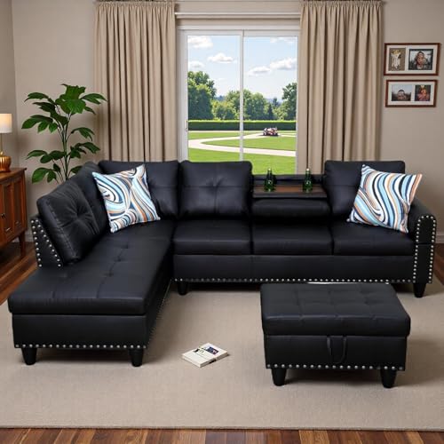 Topcomfy 97.5' L Shaped Couch Set, Modular Sectional Couches for Living Room with Storage Ottoman, 4 Seat Home Sofa Living Room Furniture Sets with Chaise for Apartment Office (Leather, Black)