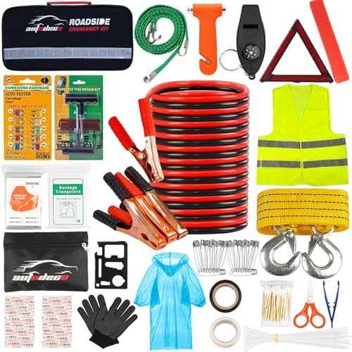 AUTODECO Car Roadside Emergency Kit Premium, with Jumper Cables, Tow Strap, etc SUVBazar
