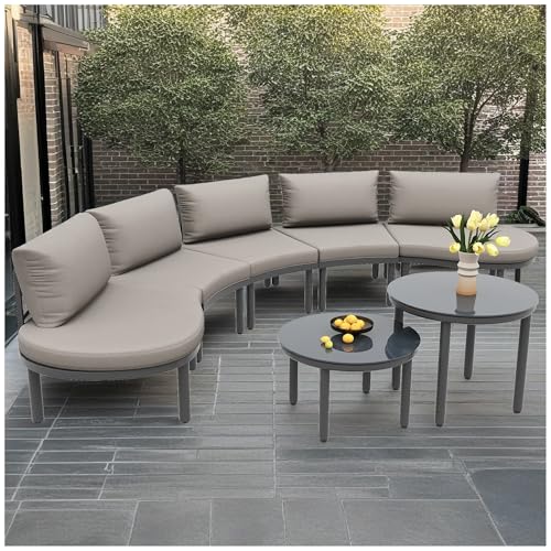 Wyibwy Set di mobili da giardino per esterni, 5 posti a sedere, 2 tavolini in vetro temperato con cuscini di seduta e cuscini grigi, struttura in ferro zincato con gambe regolabili, comodo divano