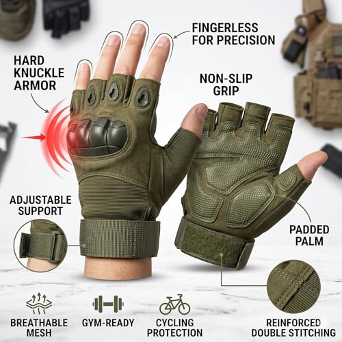 Image of Tactical Fingerless Gloves for Men, Half Finger Military Army Gloves with Hard Knuckle Protection, Anti-Slip Sports Gloves for Bike Riding, Cycling, Gym, Trekking & Outdoor Activities