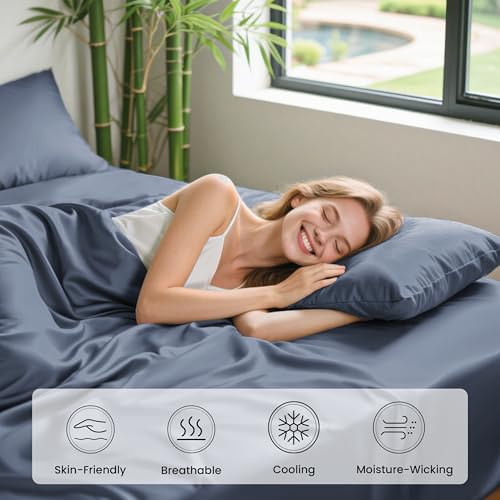 Image of Love's cabin 4 Piece Full Size Sheet Set, 100% Rayon Derived from Bamboo, Cooling & Breathable, Soft Silky Deep Pocket up to 16 inch, Hotel Luxury Bedding for Hot Sleepers, Bluish Grey
