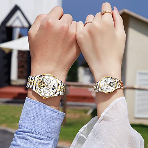 Image of OLEVS Couple Pair Watches Set Automatic Mechanical Self Winding Dress Matching Watch for His and Hers Valentines Day Gifts