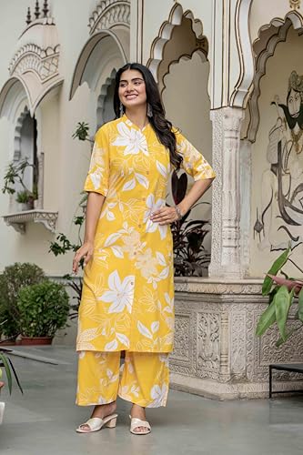 Image of Women's Floral Print Rayon Kurta Palazzo, Round Neck Half Sleeve, Regular Fit, Ethnic Casual Wear