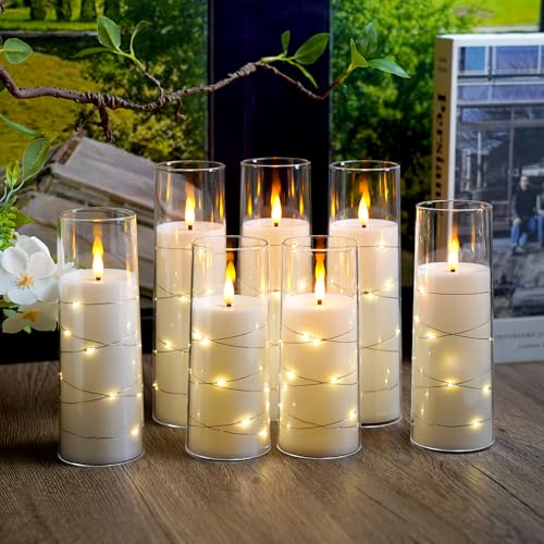 Image of Flameless Candles,with Embedded Star String, Battery Operated Candles Flickering LED Pillar Candles with Remote Control and Timer, Home Decoration Add a Warm and Romantic Atmosphere,Set of 7 (White)