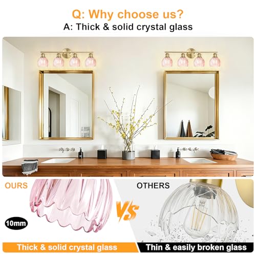 Image of Bathroom Light Fixtures, 4-Light Brushed Gold Vanity Lights for Bathroom with Pink Tulip Glass Shade, 26 inch Vintage Bathroom Vanity Lighting Fixtures Over Mirror for Bedroom Living Room Hallway