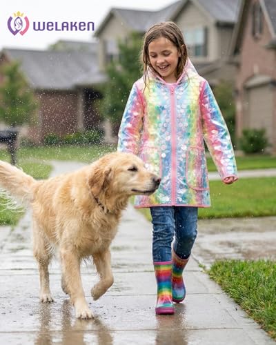 Image of WELAKEN Girls Sequin Raincoat Waterproof Reusable Hooded Outwear Rain Jacket with Lining