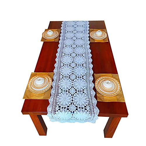 HUANXA Handgewebt Makramee Tischläufer Für Hochzeit Dekor, Häkelspitze Aushöhlen Retro Tischläufer Rechteckiger Kommode Schal Tischdecke Mit Spitze Für Esszimmer Tee -50 * 200cm-Weiß Cover