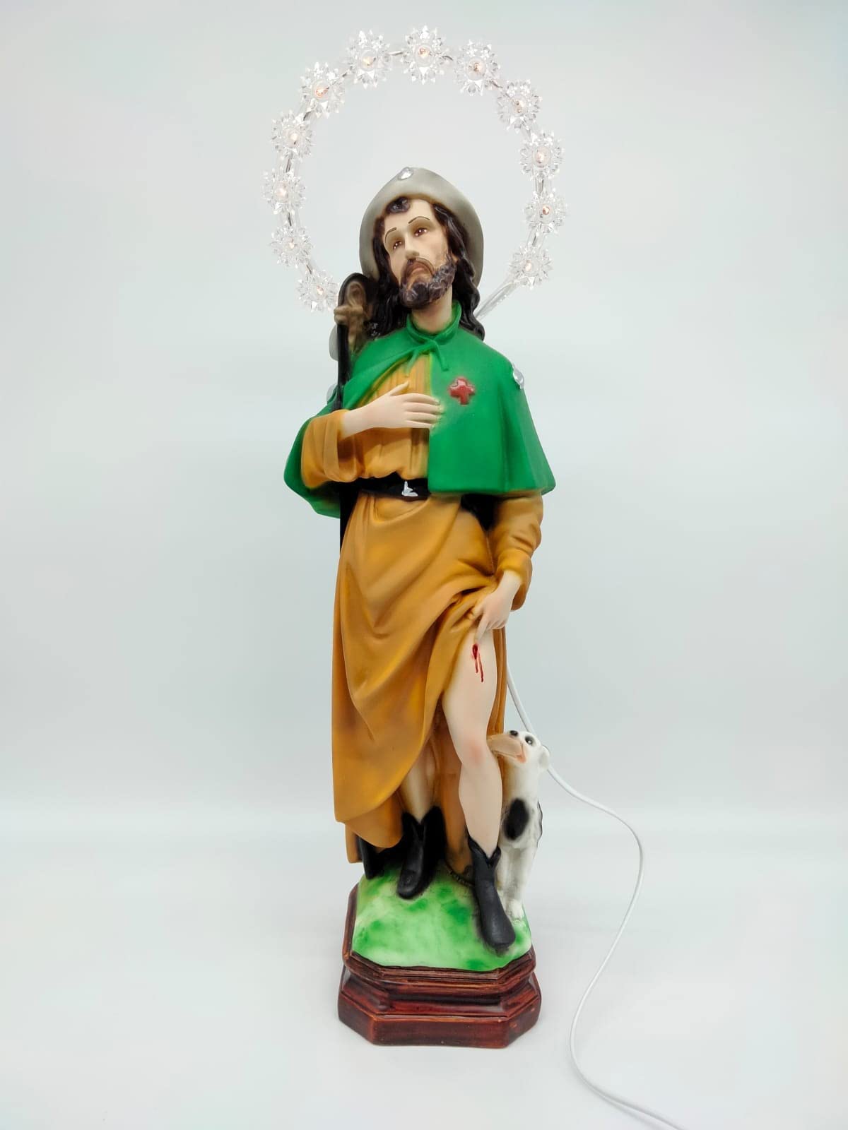 OVUNQUE PROTEGGIMI Statua di San Rocco in resina alto cm 45 (17,72'') con aureola luminosa adatto per interni ed esterni realizzato e dipinto a mano
