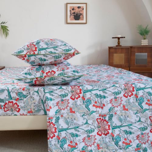 Image of FADFAY Twin XL Sheets Set 4 Piece White Teal Floral College Bedding 100% Egyptian Cotton Dorm Room Bedding, Soft Breathable Dorm Sheets Extra Long with Deep Pocket Luxury Hotel Quality for All Season