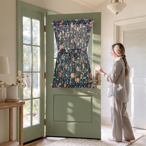 Image of jinchan Hattie Floral French Door Curtain 40 Inch Length Vintage Cottage Core Farmhouse Linen Decor for Glass Door Light Filtering 1 Panel with Tie Up Bow Rod Pocket Dark Blue