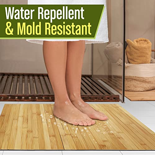 Serenelife Bamboo Bath Mat Floor Rug - Waterproof And Weather Resistant Natural Wood Bathroom Shower Foot Carpet With Multi-Panel Strip Foldable Roll Up Non Slip Fabric For Indoor Use - Slfbmt20 #TOP3
