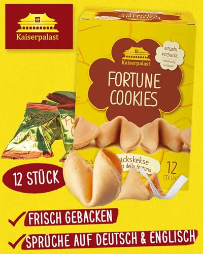 Kaiserpalast Glückskekse, knuspriges Süßgebäck als Snack oder Geschenk, einzeln verpackt in roter Folie, mit deutschem und englischem Spruch, vegan, halal, 12 Stück à 6 g (1 x 72 g)