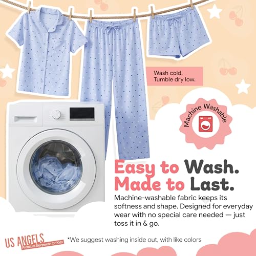 Image of US Angels Girls Pajama Set 3 Piece, Short Sleeve Button Down PJs with Shorts & Pants, Soft Sleepwear Girls & Tweens Size 5-16
