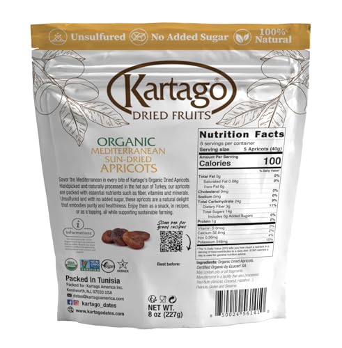 Kartago Organic Dried Apricots - Unsulfured Mediterranean Sun Dried Apricots - Vegan, Kosher, Gluten Free, No Added Sugar - Healthy Natural Vegan Snacks - 8oz (2-pack)