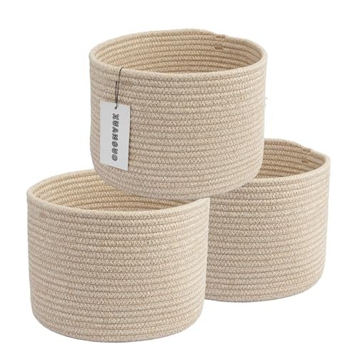 Image of XUANGUO Woven Cotton Storage Baskets - 3-Pack Round Bins (10x10x7'') for Shelves, Closets & Bookcases | Durable Rope Organizers for Nursery, Baby, Toys, Easter & More (Oatmeal)