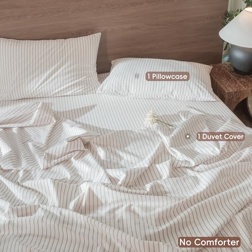 Image of MooMee Striped Duvet Cover Set 100% Washed Cotton Linen Like Twin | Relaxed Linen-like Texture. Soft, Breathable & Long-lasting Comfort. Lightweight. Hidden Zipper with 8 Interior Corner Ties