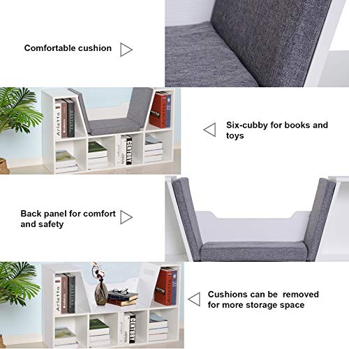 HOMCOM Bookcase Storage Shelf with Cushioned Reading Seat, Cube Bookshelf Organizer for Bedroom Living Room, White HOMCOM Bookcase Storage Shelf with Cushioned Reading Seat, Cube Bookshelf Organizer for Bedroom Living Room, White