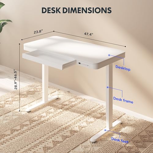 Image of FLEXISPOT Comhar 48 inch Electric Standing Desk with Drawers, USB Charging Ports, Quick Assembly, Height Adjustable Sit Stand Computer Desk with Child Lock for Modern Minimalist Home Office, White