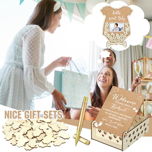 Image of Wenqik 63 Pcs Bodysuit Baby Shower Guest Book Alternatives Set Baby Shower Decorations with Photo Frame Sonogram Frame Keepsake 60 Wood Slices Guest Book for Birthday