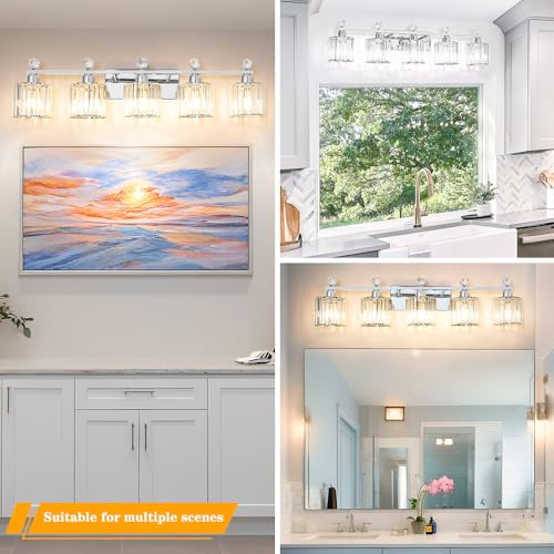 Image of Lxybcce 5 Light Bathroom Vanity Light, Modern Crystal Bathroom Ligth Fixture, Chrome Vanity Lights, Light Fixtures Above Mirror, Wall Lamp for Mirror Living Room Cabinet Bedroom Porch