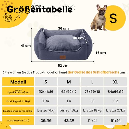 OUPEIWAWA Orthopädisches Hundebett für kleine & mittelgroße Hunde, 52x41x16cm (Schlafbereich 36x36cm), Hundekorb mit hohem Rand, Abnehmbarer & waschbarer Bezug, rutschfest, Dunkelgrau, Indoor/Auto