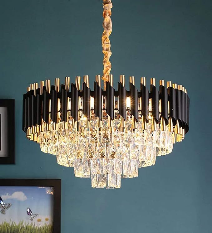 Image of Crown Lighting Crystal Jhumar in, Round Shaped Gold Finished Pandent /Hanging Chandelier Celling Light with Free Bulb Included (Medium) (Round-Black-Gold, 500MM)