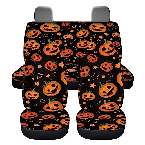 Image of Funny Custom Women Car Seat Cover Full Set Breathable Elastic Fitted Cute Pumpkin Halloween Automotive Seat Protector Non Slip Full Coverage Two Front Seat Covers Rear Back Bench for Most Trucks SUV