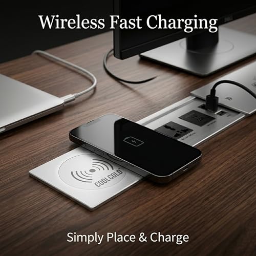 Image of COOLCOLD in-Desk Sliding Power Socket with 15W Wireless Charger Compatible with All Qi Enabled Device, 2 Power Outlets 10Amp, USB Charger A+C 5V 2.1A, HDMI & LAN Ports | Hidden Pop-Up Table Module