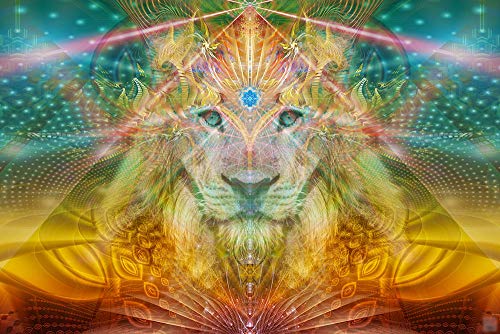 Lion Tapestry | Lion Art | Lion Wall Hanging | Sacred Geometry | Third Eye Visionary Art | Trippy Art | DMT Tapestry | Animal Totem | Atlan The Lion (Small)