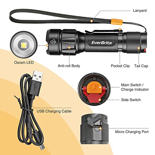 Everbrite Led Tactical Flashlight, Rechargeable Flashlight 750 Lumens With Lanyard & Clip, 6 Modes (High/Medium/Low/Strobe/Sos/Turbo), For Camping, Hiking, Emergency, Survival Use #TOP2