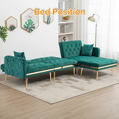 Pvillez Sectional Sofa Futon Sofa Bed Convertible Sleeper Sofa Couch W/Chaise Lounge,Ottoman L-Shape Convertible Couches For Living Room Button Tufted Back Velvet Couch W/Golden Legs #TOP2