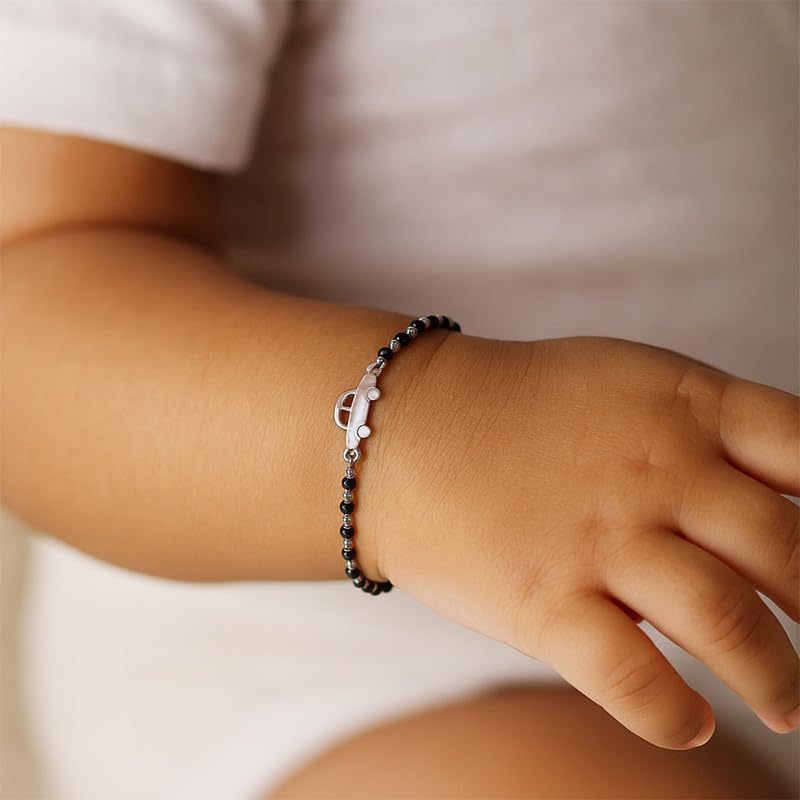 Image of Clara 925 Sterling Silver Baby Kids Nazariya Car Bracelet With Black Beads | Gift For Baby Boys and Girls |Rakhi Rakshabandhan Gift for Sister Bhabhi | New Born to 1 Year Length 5 inch Adjustable||