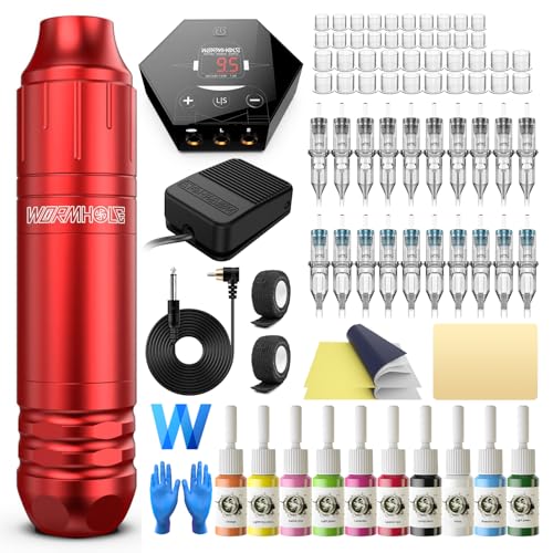 Image of Tattoo Kit, Wormhole Tattoo Machine Kit Rotary Tattoo Machine 20pcs Cartridge Needles 10pcs Tattoo Ink Complete Tattoo Practice Pen Kit for Beginners and Tattooists WTK144