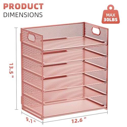 Image of Marbrasse 2 Pack Desk Organizer with Handle, 6 Tier Paper Letter Tray, Mesh Desk File Organizer for Office, School and Home - Rose Gold