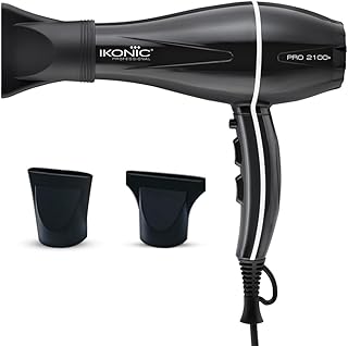 Ikonic Pro 2100+ Hair Dryer 2000W, Black, 3 heat and 2 speed settings, Cool Shot, Low Noise Function Interchangeable Nozzles, Professional Styling, For Women and Men, All Hair Type