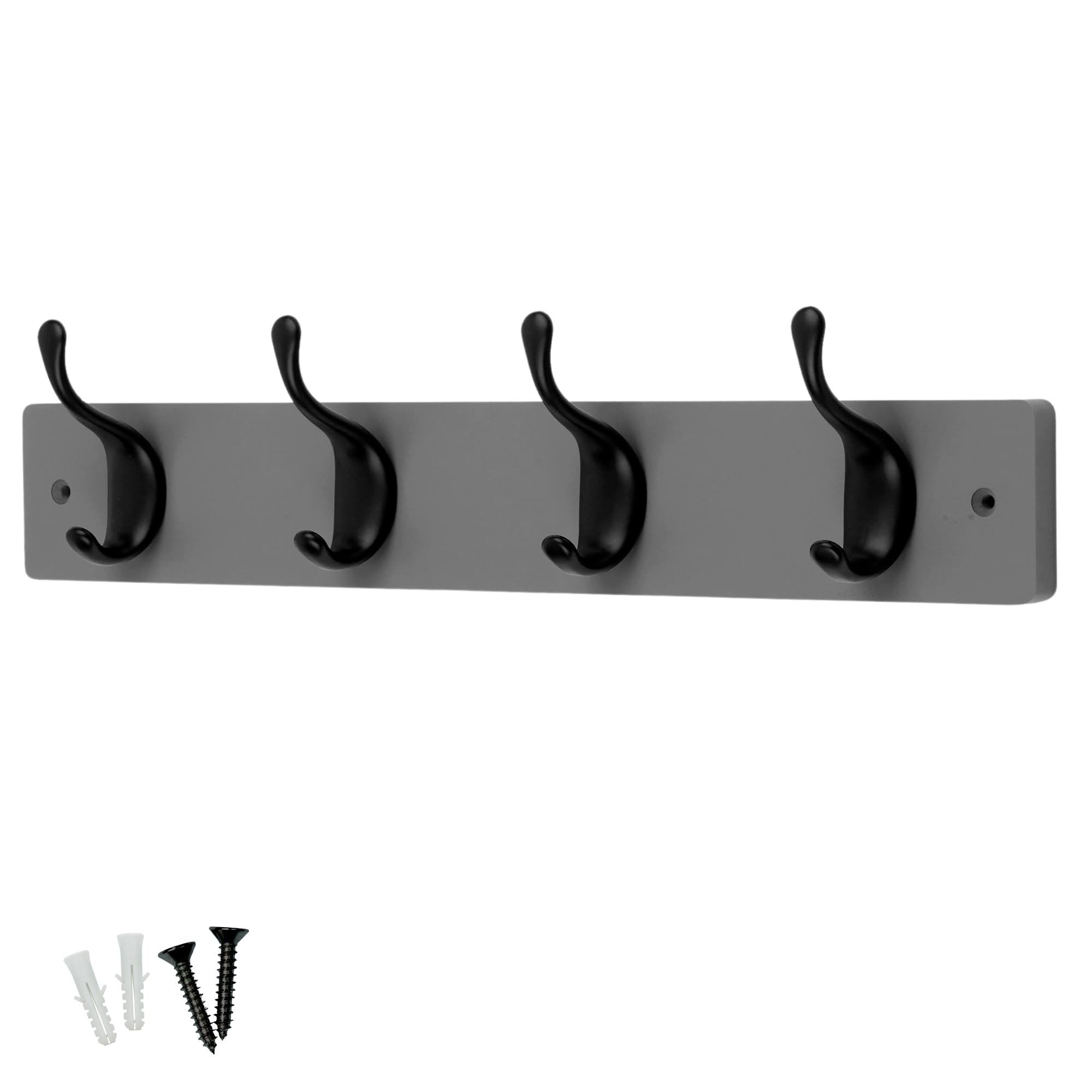 Keypak Grey / Matte Black 4 Coat Hooks On Wooden 46Cm Board - Modern Wall Door Mounted Coat Rack Clothes Hanger
