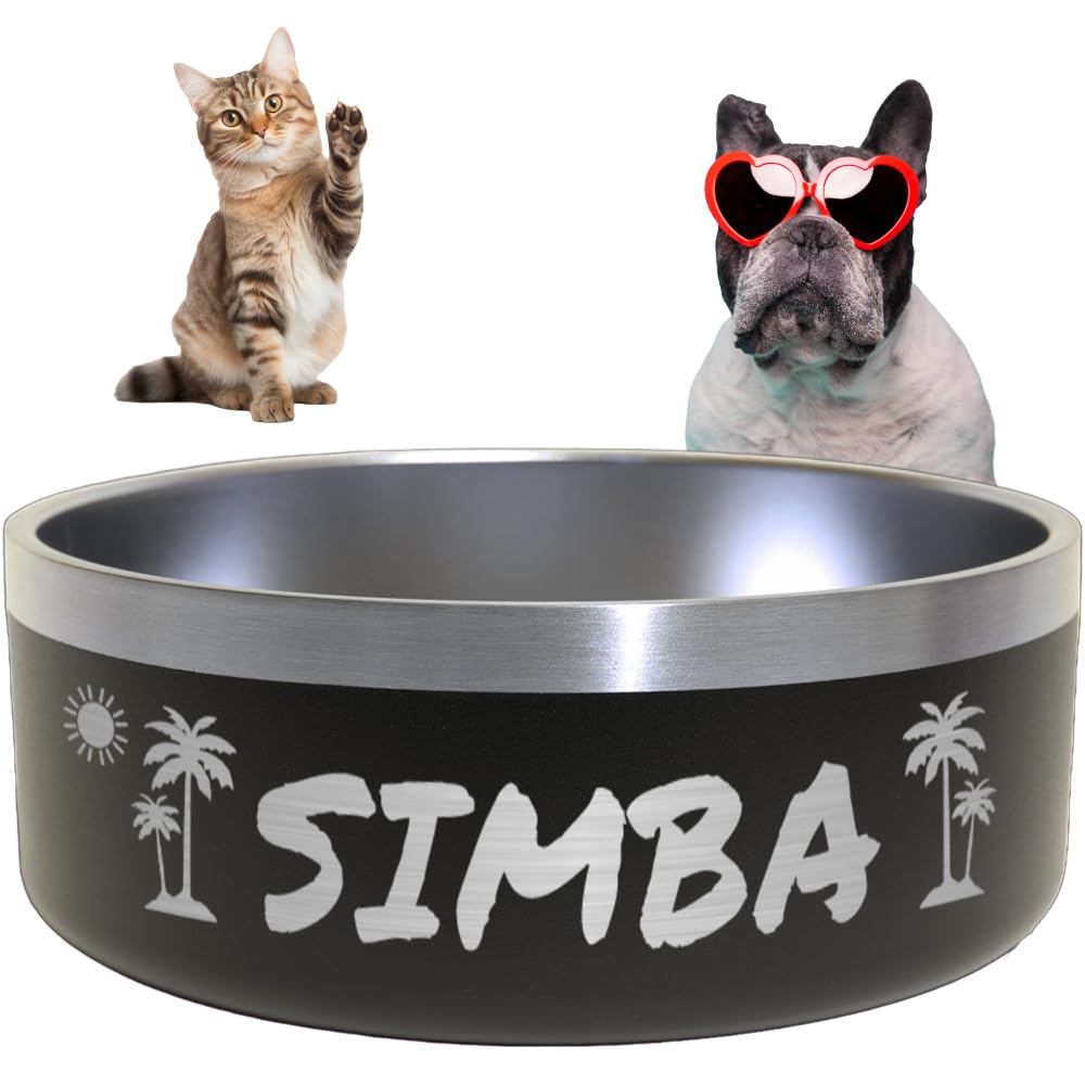 Personalized Dog Bowl with Palms + Sun - Engraved, Nonslip, Custom Dog, Cat Bowl, 304 Stainless Steel