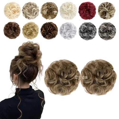 FeidyLong 2 PCS Messy Bun Hair Piece Wavy Curly Scrunchies Synthetic Chignon Ponytail Hair Extensions Thick Updo Hairpieces for Women Girls(Light Brown&Ash Blonde)