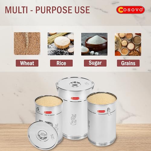 Image of COSOVO Steel Rice Storage Container | Storage Box Drum | Grocery Container for Kitchen | Steel Container /Kothi | Steel Box | Drum /Dibba (20KG /25L), Silver