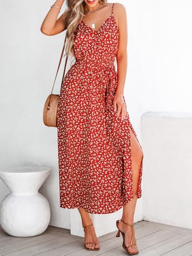 Image of CUPSHE Women's Summer Beach Dress Ditsy Floral Spaghetti Strap Waist Tie Side Slit Midi Dresses