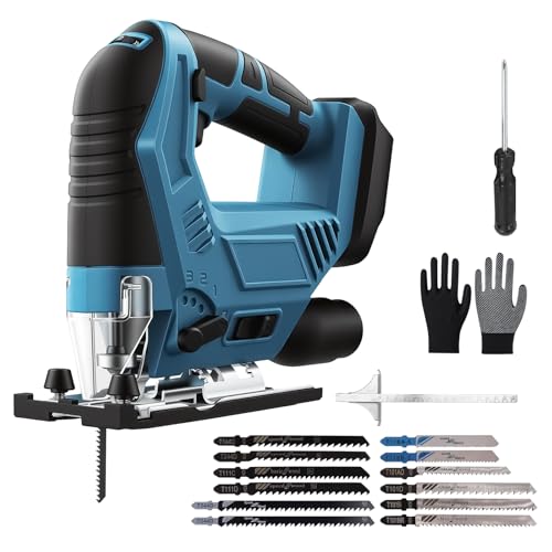 Stichsäge kompatibel mit Makita 18V bürstenlose Pendelhub-Stichsäge 6-Gang 20 mm Hub 45 Schrägschnitt LED jigsaw elektro-stichsägen inkl. 12 Sägeblätter für Holz Metall & Kunststoff ohne Akku