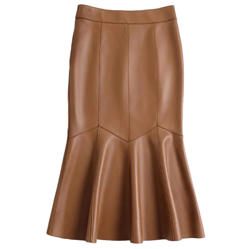 Women Genuine Leather Skirt Lambskin Fishtail Elegant High Waist Slim Wrap Midi Length Skirt