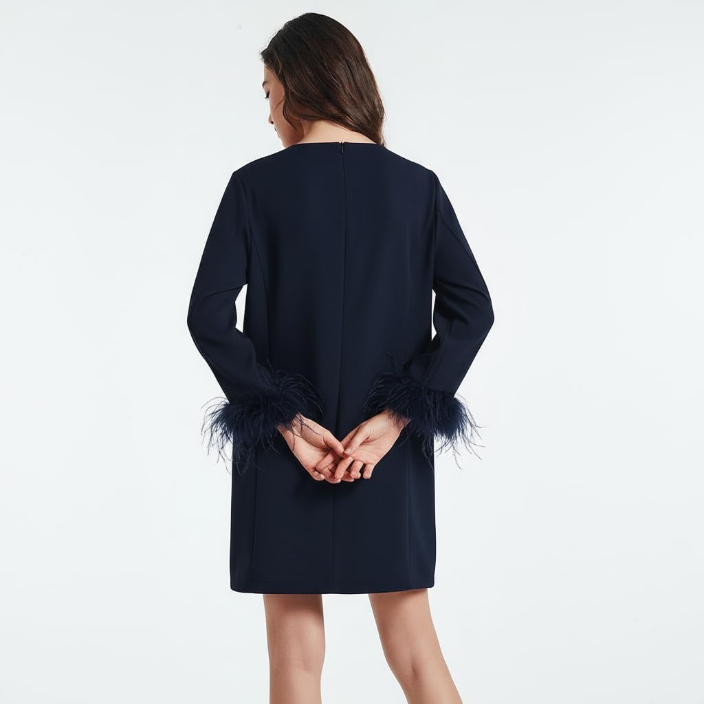 D-Sun Women Feather Dress Round Neck Casual 3/4 Feather Sleeves Party Dress Elegant Wedding Guest Cocktail Mini Dresses - Image 4