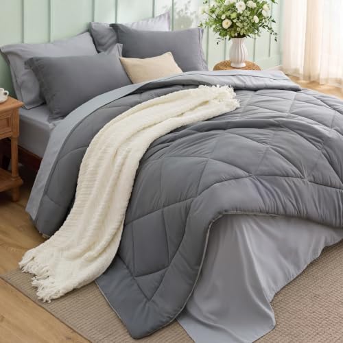 Image of Bedsure Queen Bed in a Bag Reversible Bed Set 7 Pieces Grey /Light Grey