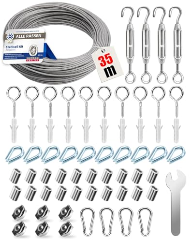 Angooni Lot de 65 Corde Cable Acier Inoxydable de 35 m - Tendeur de câble en acier inoxydable 304 - Avec œillets - Tuteurs pour plantes grimpantes, cordes à...