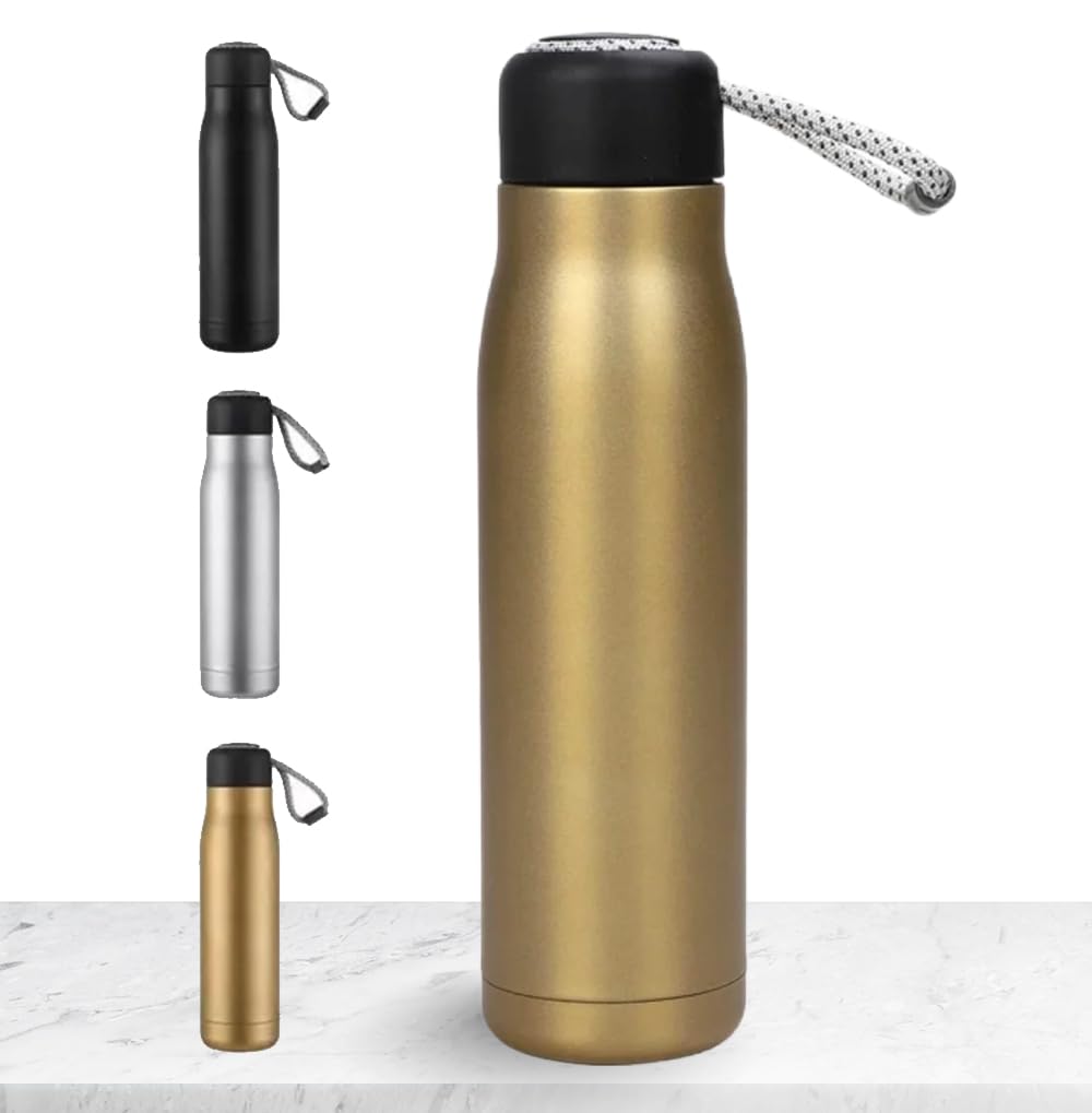 Stainless Steel Water Bottle, Double Wall Vacuum Insulated Flask, 550 ML/18.5 OZ, Leakproof, BPA Free, keeps drinks cold or hot, perfect for kids, school, gym and sports (Gold)