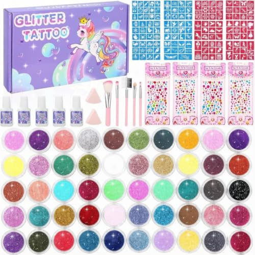 Ixydor Juego de tatuajes con purpurina para niños, kit de tatuaje temporal, 50 colores en polvo brillante, 139 plantillas, 4 pegatinas de purpurina, 5 pegamentos, 5 pinceles, 2 esponjas, regalo para