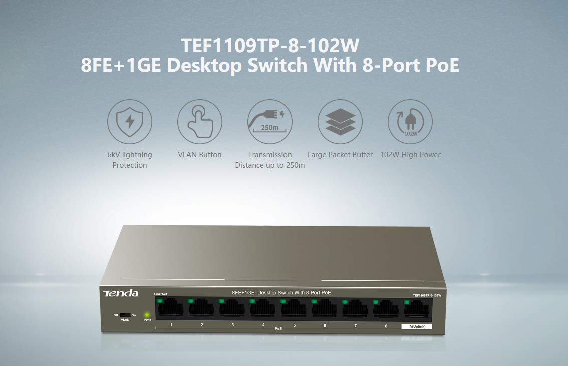 Tenda PoE Switch, 9 Porte 10/100 Mbps, 8 PoE Porte, 63W, IEEE 802.3af/at, Nessuna Configurazione Necessaria, Protezione Antifulmine Professionale,Cassa in Metallo TEF1109P-8-63W