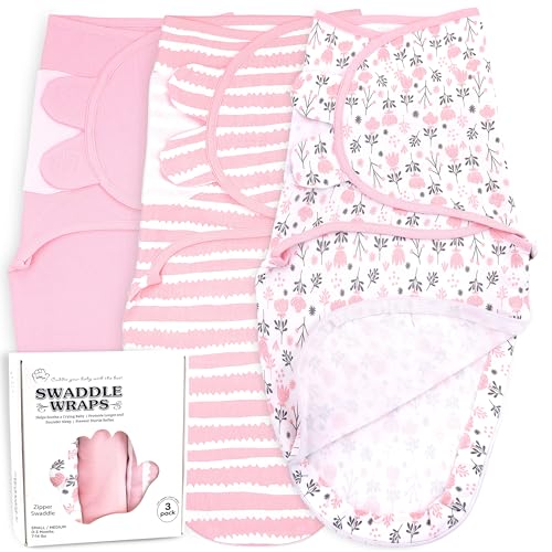 Image of Bublo Baby Swaddles for Newborns – Zipper Swaddles 0-3 Months, 3-Pack – Infant Sleep Sack with Zipper – Adjustable & Breathable Swaddle Blanket Wrap for Newborn Girls, Pink Flowers